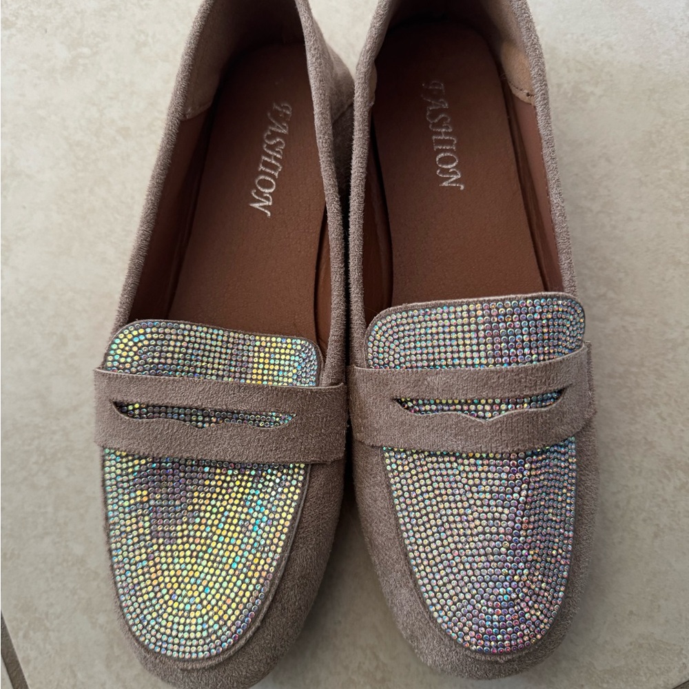 Women's Tan Loafers with Rhinestone Detail